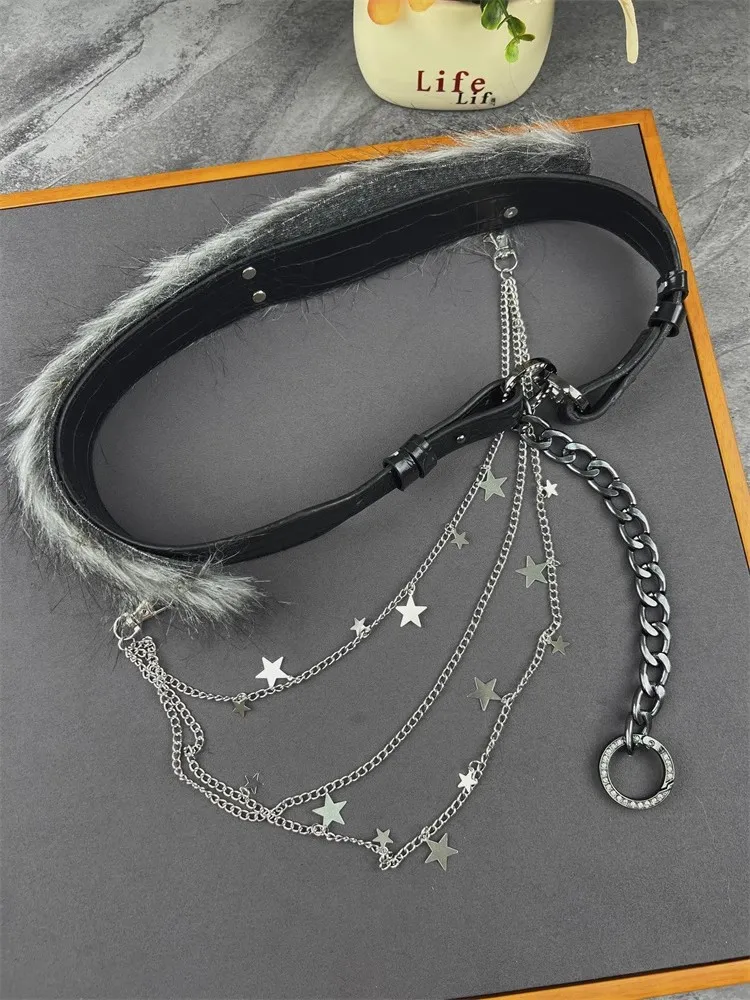 เข็มขัดแฟชั่นผู้หญิง หนัง PU ขนเทียม สายโซ่โลหะ คอร์เซ็ท สายคาดเอวสำหรับผู้หญิง ใช้ตกแต่งเสื้อโค้ท ชุดเดรส เข็มขัดกว้าง รุ่น J1623