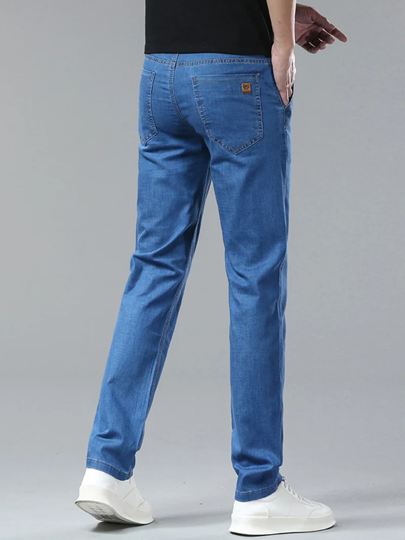 Calça jeans comercial, azul-escura, masculina, leve e versátil, estilo clássico, fina, casual, nova, primavera, verão