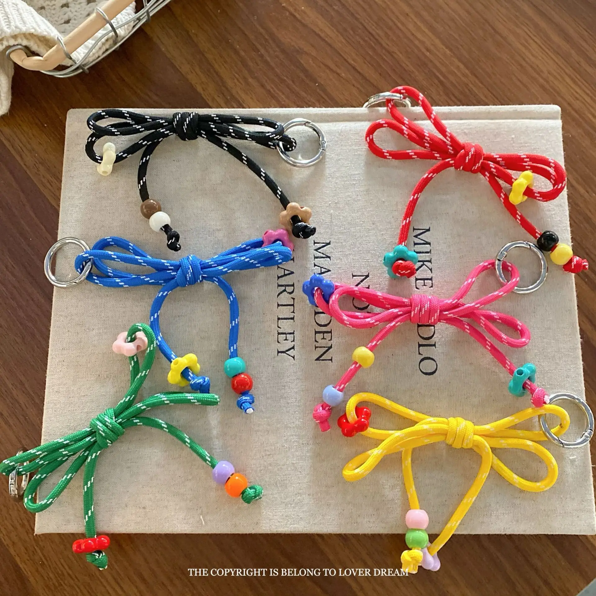 Korean Style Beaded Bow Keychain Colorful Rope Design Sweet Bag Charm Hanger Versatile Lightweight Alloy Clasp