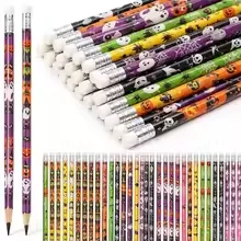 6-36pcs Halloween Decorative Pencils, Cartoon Pattern Wooden Writing Stationery or Trick‑or‑Treat Handouts, Students Drawing XJM