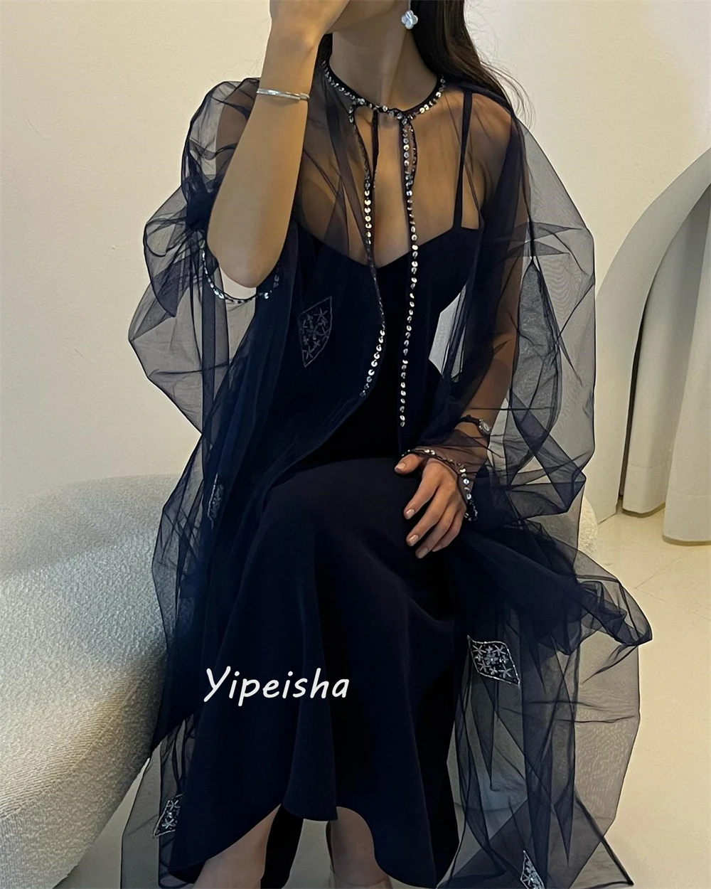 Yipeisha-A-Line Beading lantejoulas Tulle Prom Dresses, Moda requintada, Spaghetti Strap, Paillette