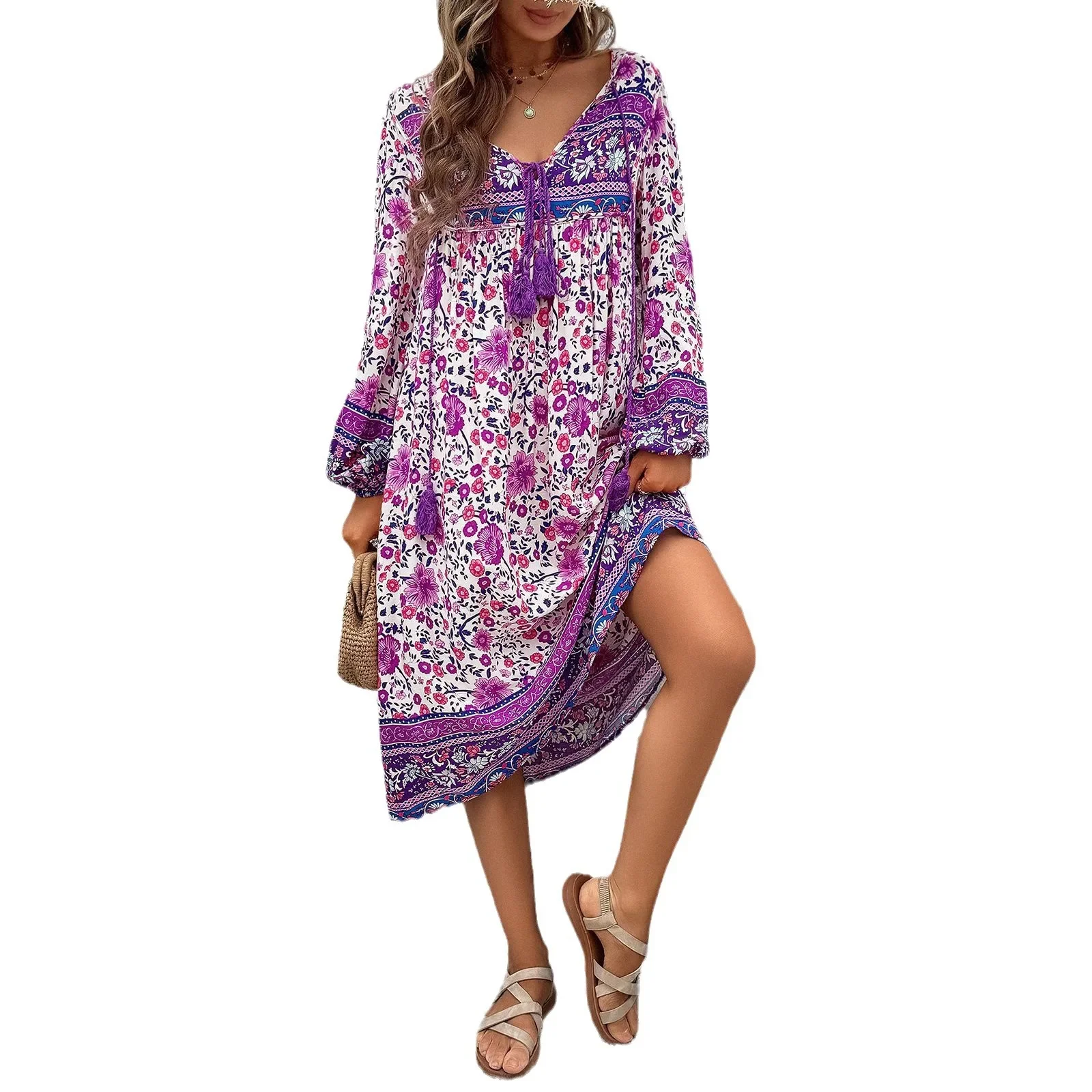 Women Boho Beach Dress Summer New Printed Lace Up Lady's Long Sleeve Dress Loose Holiday Beach Long Dress Vintage Maxi Dresses