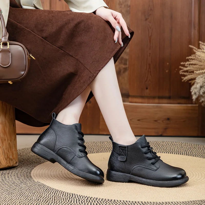 جديد جلد البقر الحقيقي الأحذية الجلدية النساء الفاخرة مقاوم للماء أكسفورد أحذية السيدات الدانتيل متابعة حذاء بوت بطول الكاحل أحذية كعب منخفض امرأة الجوارب القصيرة
