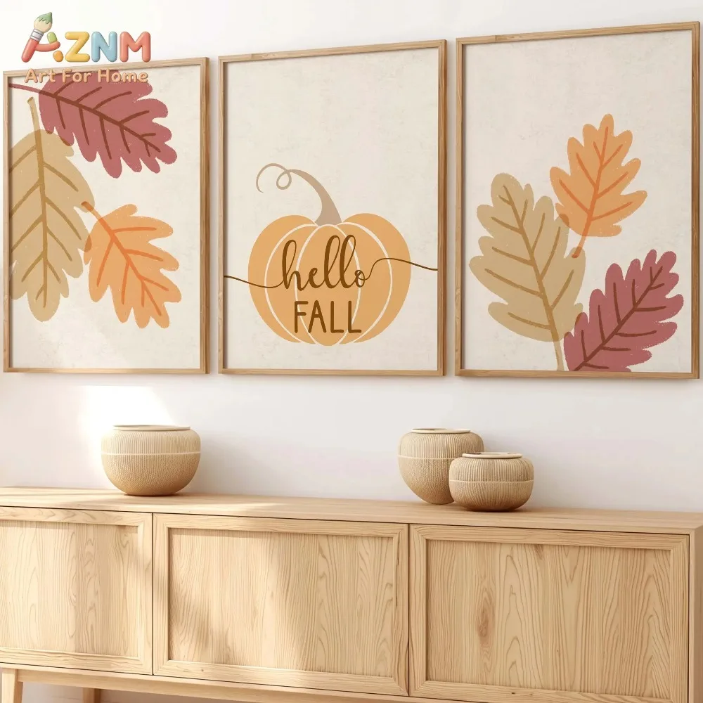 AZNM 3Pcs Hello Fall Canvas Wall Art, Minimalist Maple Leaf Pumpkin Print Frameless Canvas Painting, Neutral Boho Autumn Farmho