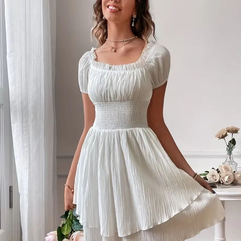 

Summer New Fashion Short Sleeve Folds Mini Dresses Women Casual Solid Color Ruffle Off-shoulder Party Dress Beach Streetwear
