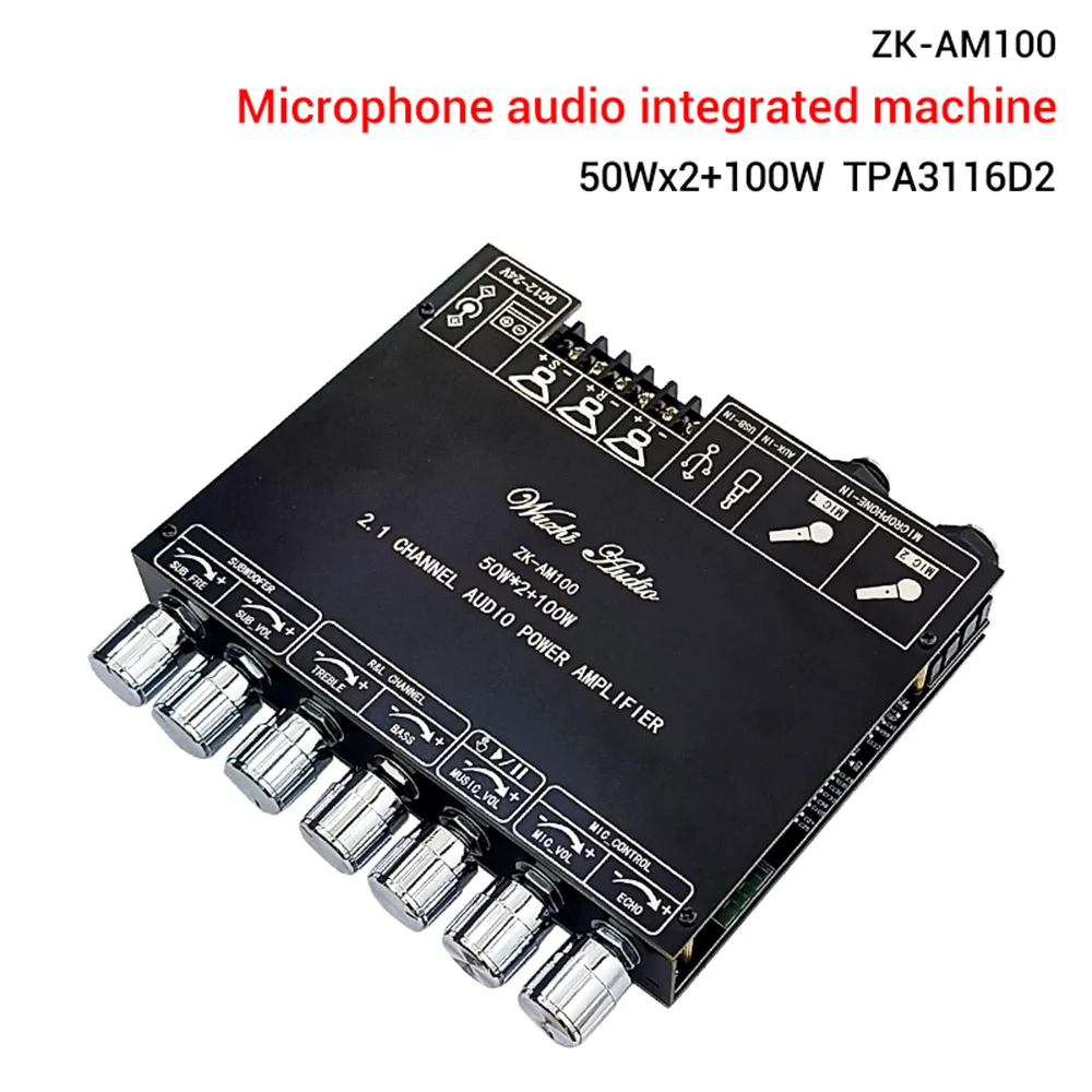 ZK-AM100 2*50W+100W Power Amplifier Board Chip TPA3116D2 Bluetooth 5.1 Dual Channel 2.1 AMP for Speakers Microphone Audio