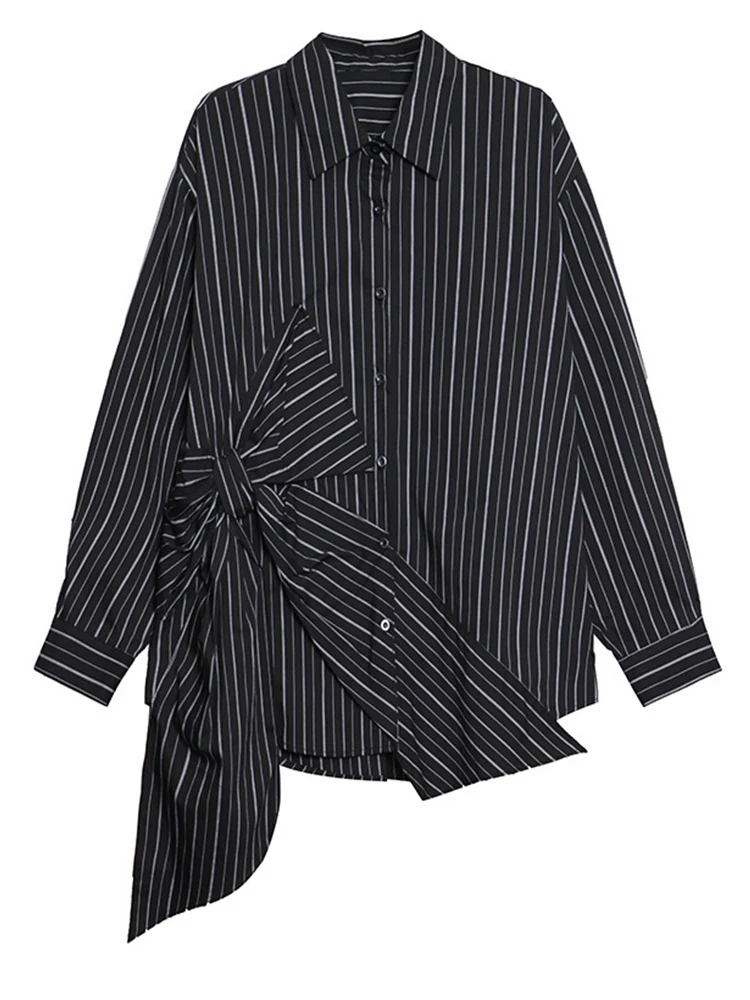 [EAM] Women Black Striped Bow Irregular Big Size Blouse New Lapel Long Sleeve Shirt Fashion Tide Spring Autumn 2024 1DH5046