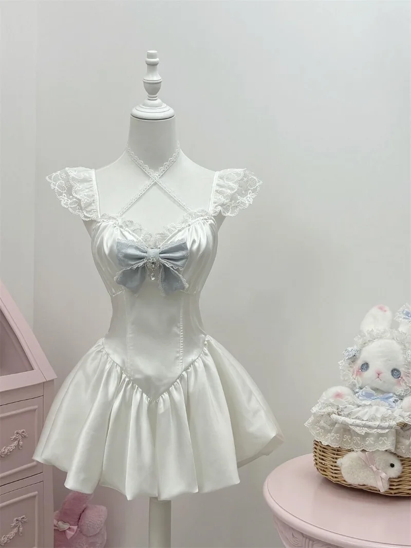 Vestido de calle alta Lolita, novedad de verano, dulce lazo de encaje, vestidos pequeños con mangas voladoras, chaleco ceñido en la cintura Y2k, conjuntos de 2 piezas, trajes para mujer