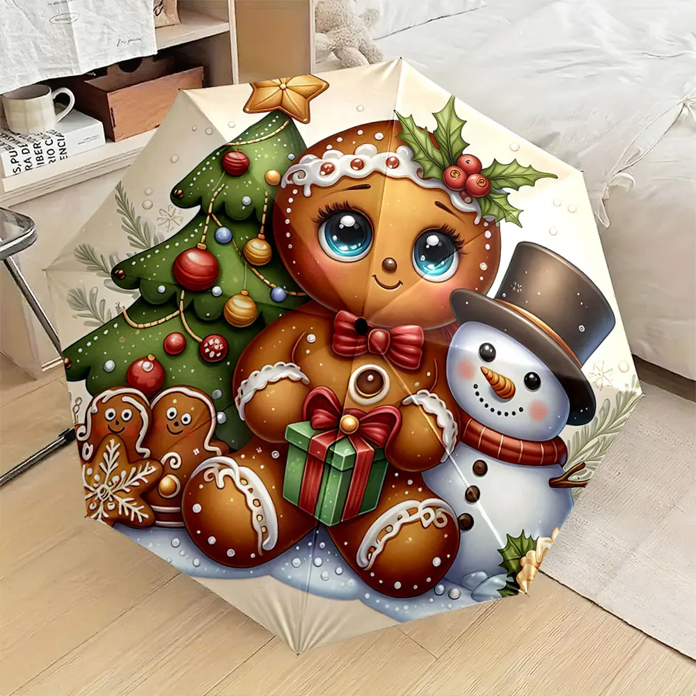 Cute Gingerbread and Snowman Christmas Tree Scene portable waterproof sun rain umbrella for outdoor travel beach