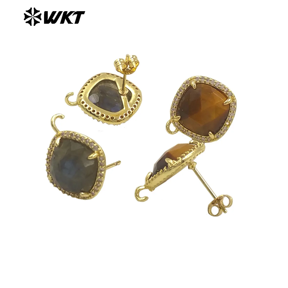 WT-JFE120 Vintage Style Square Shape Amethyst And Amozonite Stone Women Simple Earring Studs Or Jewelry Findings