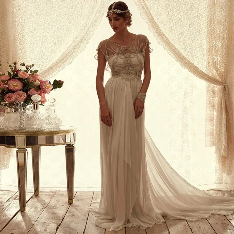 

Wedding Dresses Luxury 2025 New O Neck Chiffon Crysta Lace Bat Sleeves Boho Brautkleid Plus Size Hochzeitskleid Sexy Long Gowns