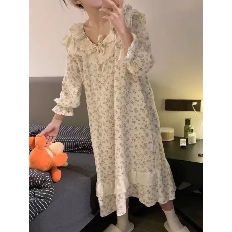 Floral Women Nightgown Korean Ruffles Sleepwear Long Sleeve Night Dress Autumn Lace One Piece Pajamas Home Sleeping Wears New In