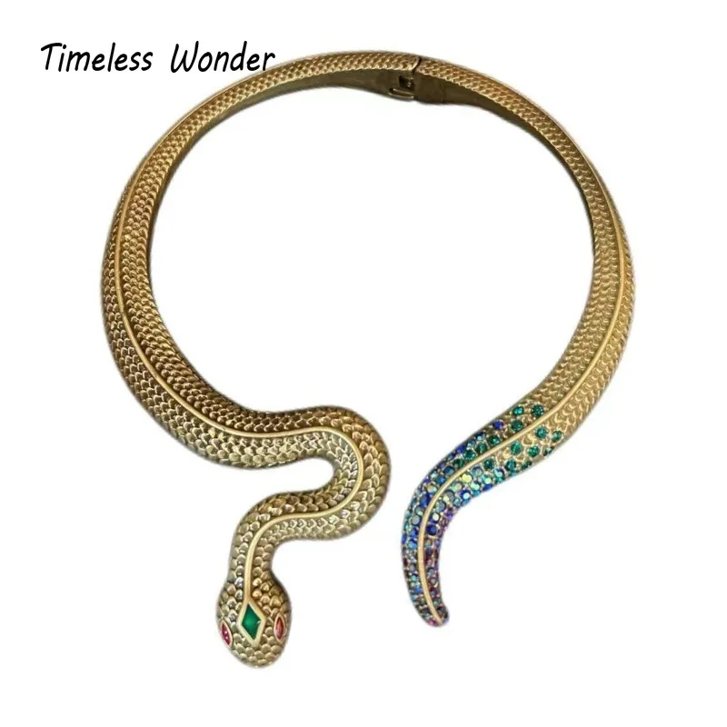 

Timeless Wonder Enamel Zircon Geo Snake Torque Necklaces for Women Designer Jewelry Goth Runway Punk Top Vintage Gift Rare 2629