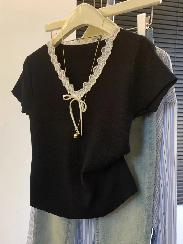 فضفاض الدانتيل تقليم مربوط ort Sve تي شيرت المرأة الصيف Faion العمر-Defng V-Ne الأعلى الكورية Sle لباس غير رسمي