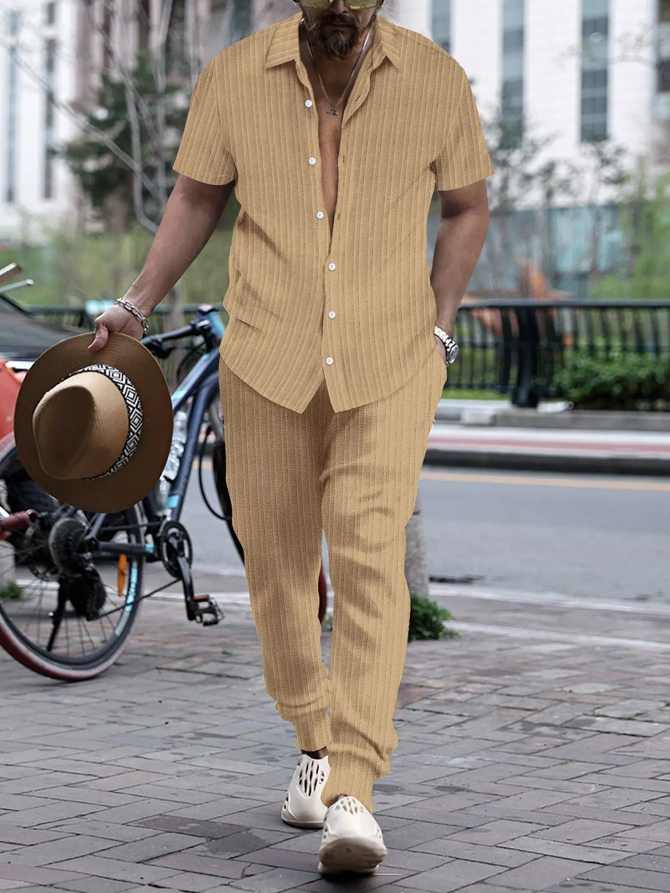 2024 new men\'s shirt casual short sleeve pants beach suit lapel solid color suit