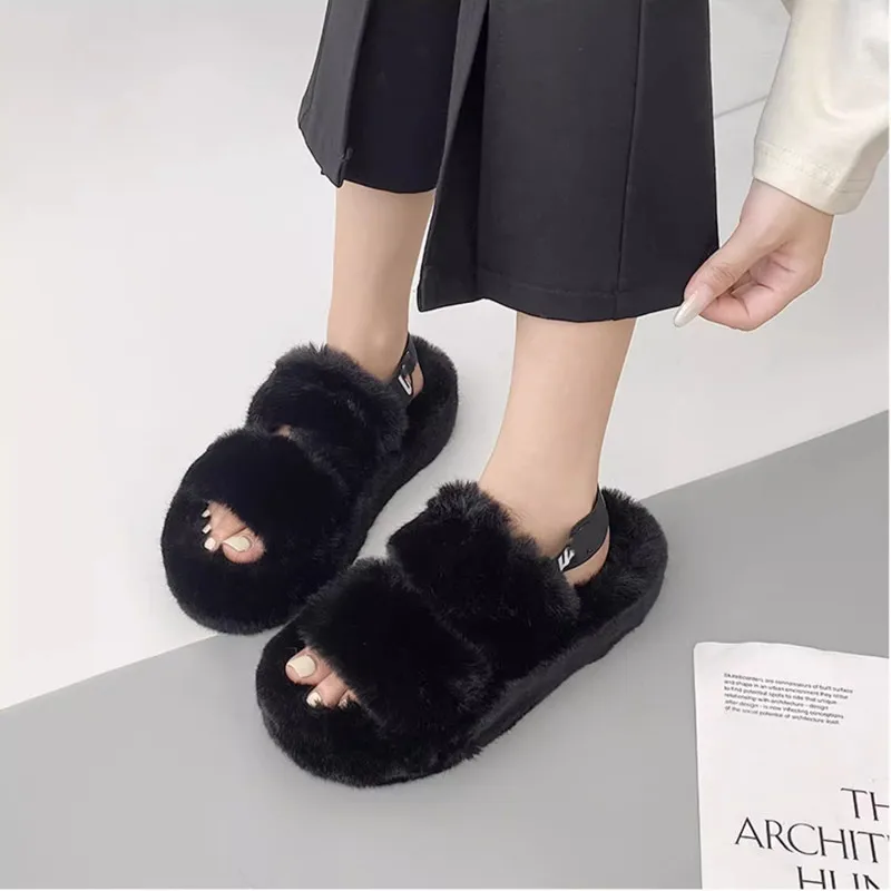 Fashion Mink Fur Slippers Hairy Sandals Slippers for Women Outdoor 2024 New Autumn All-Match Korean Cute Fluffy Chic Furry Shoes