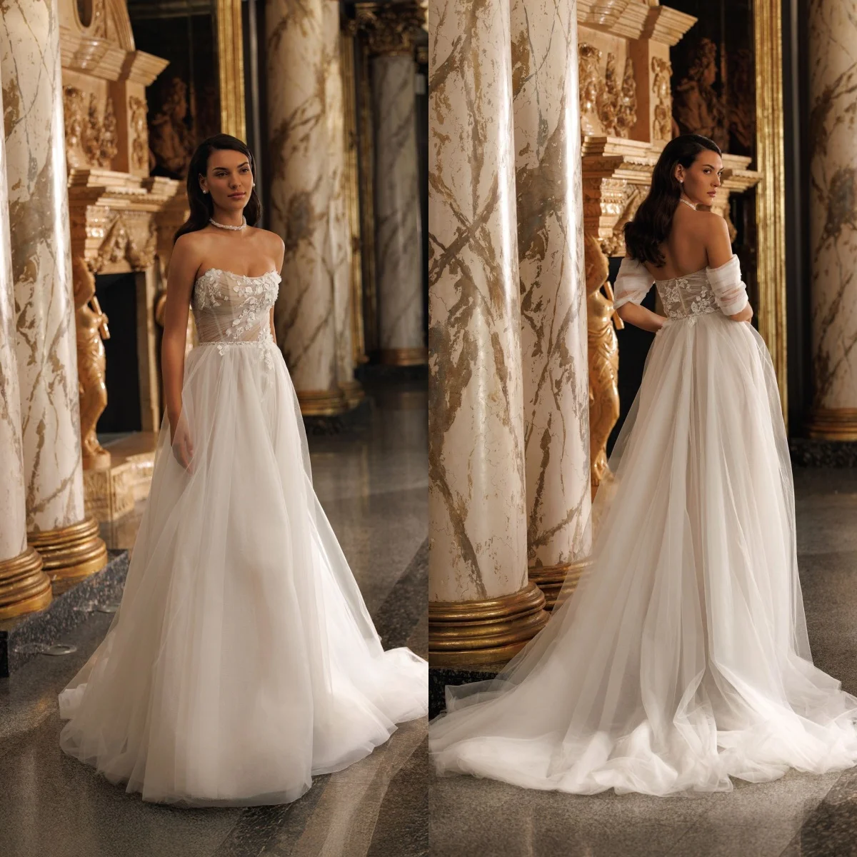 Romantic A Line Wedding Dresses Off Shoulder Lace Appliques Bridal Gowns Charming Long Train Customized Vestidos De Mariee