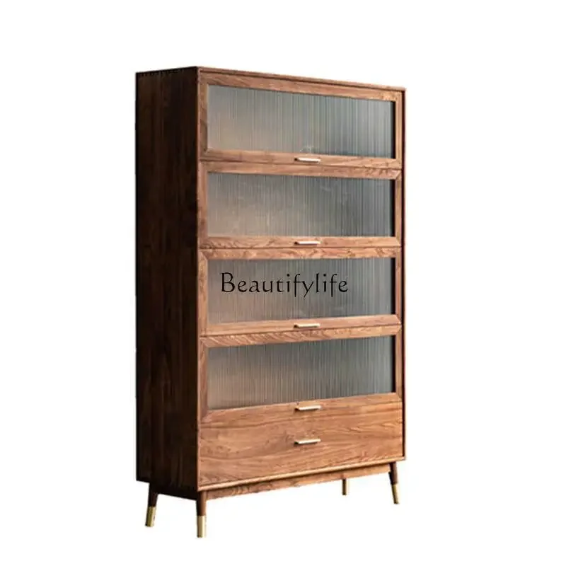 

yj58 Black walnut solid wood bookcase shelf simple modern glass sliding door storage storage display cabinet