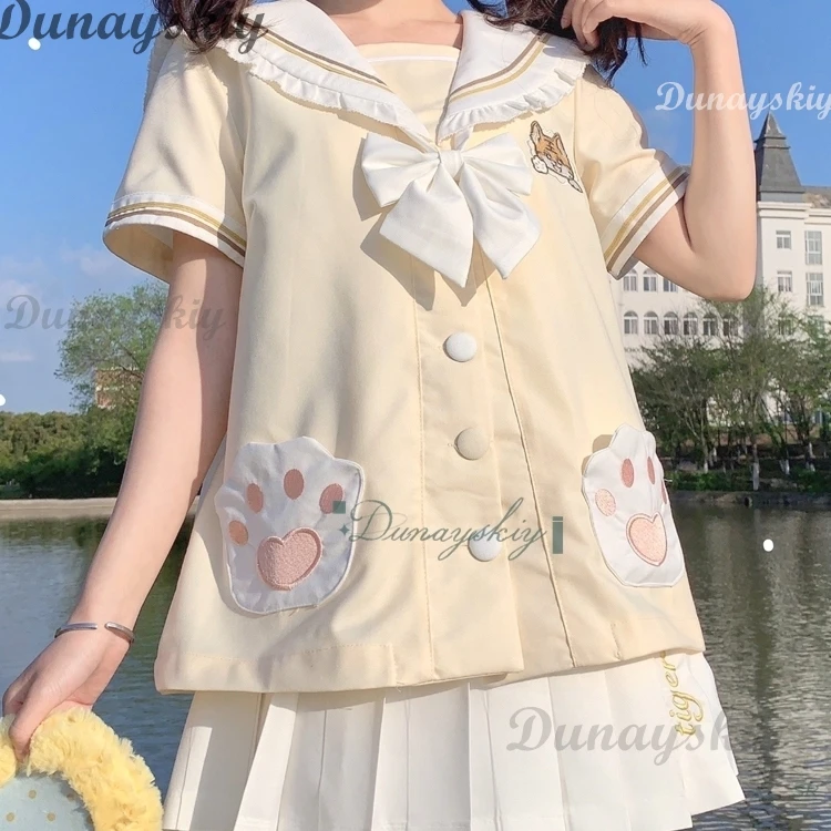 Summer New JK School Uniform Cute Tiger Top Pleated Skirt Bow Tie Sailor Suit Y2K Girl Women Halloween