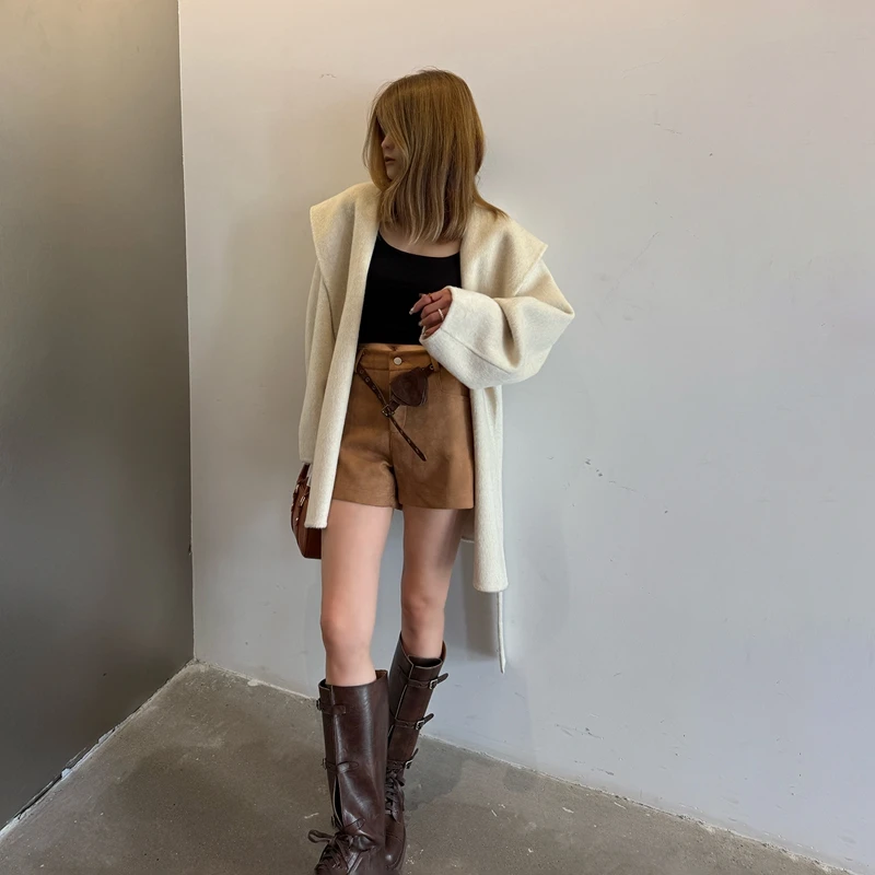 معطف نسائي من الكشمير كاجوال بلون سادة متوسط الطول معطف بياقة مقنعين النسخة الكورية معطف صوفي فضفاض بحزام من الصوف #6