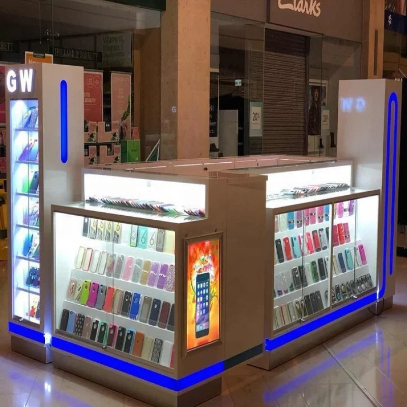 

2025customized.Modern Phone Accessories Display Showcase with LED Light Mall Kiosk Phone Boutique Cell Phone Repair Kiosk