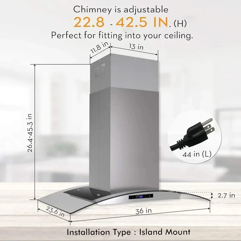 Island Range Kitchen Vent Hood with Tempered Glass,Touch Control,Permanent Filter,Charcoal Filter,Stainless Steel,Ceiling Mount