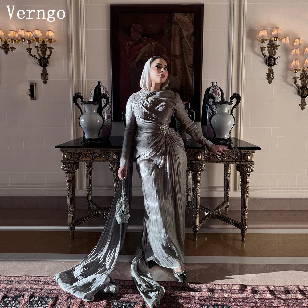 

Verngo Gray Shiny Satin Evening Dress O Neck Full Sleeves A Line Pleat Formal Occasion Dress Modest Arabia Prom Gowns Customized