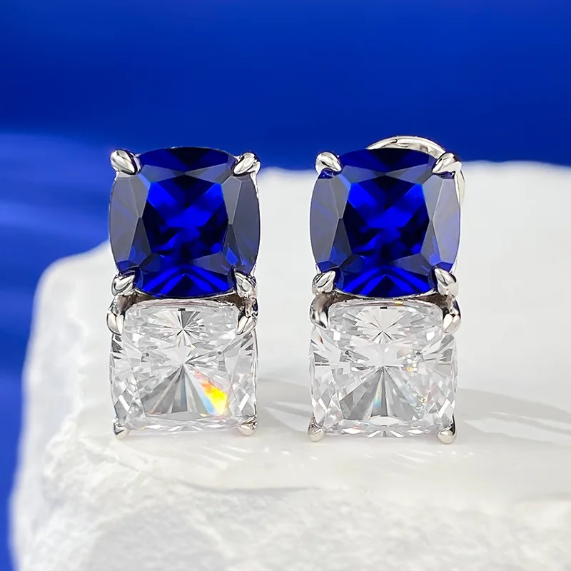 

2023 New S925 Silver Euro American 4 Carat Blue White Zircon Earrings Female Cross border Wish