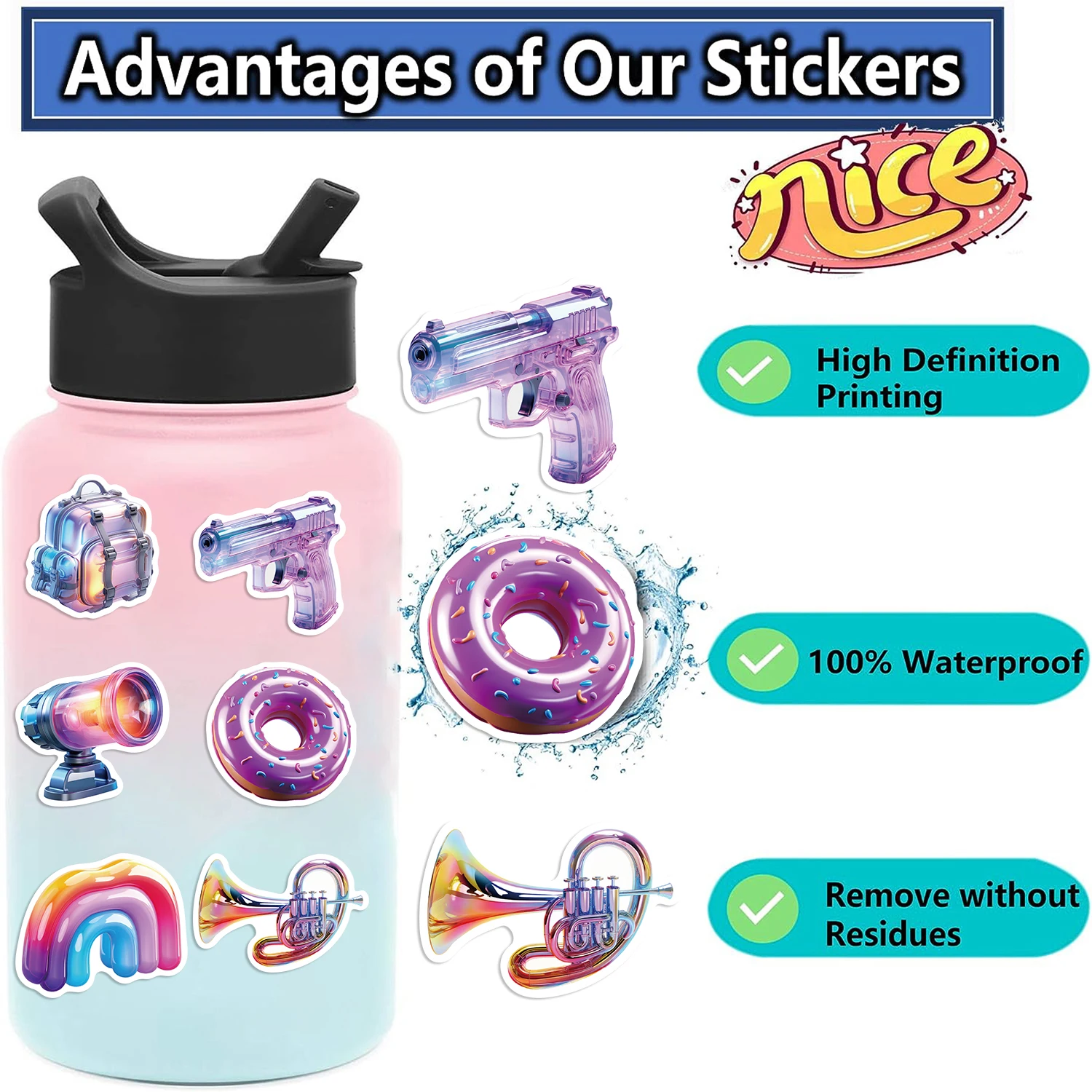 50pcs Colorful 3D Cartoon Holographic Aesthetic Stickers Waterproof Graffiti Decals For Laptop Water Bottle Luggage Notebook