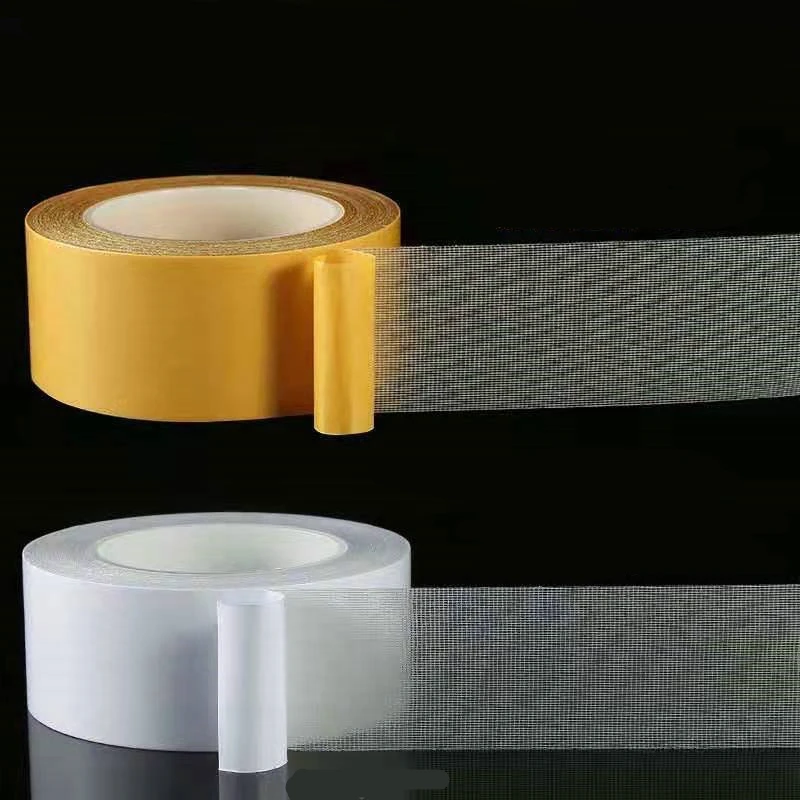 5M 10M Strong Double Sided Adhesive Mesh Tape Floor Cloth Base Grid Tape Yellow Mesh Waterproof Carpet Tape Heavy Duty