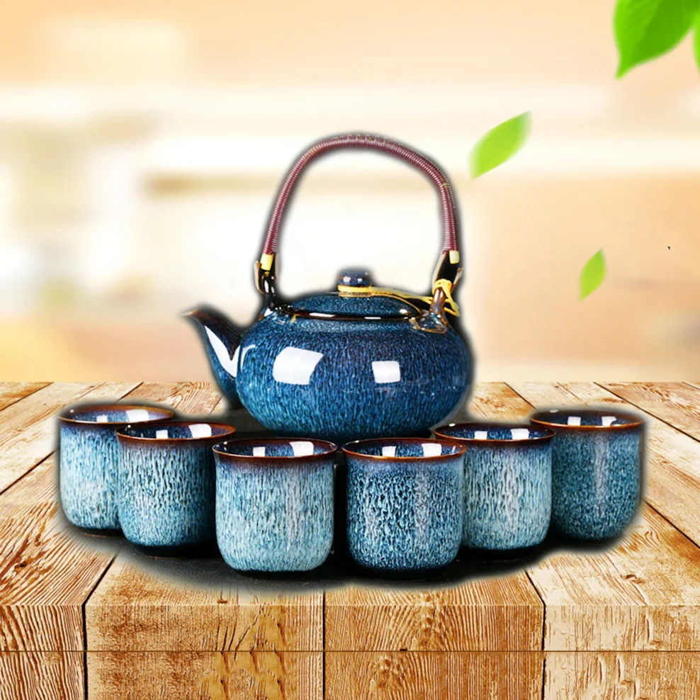 7 PCS/Set Ceramic Tea Set 700ML Kiln Change Color Teapot With Handle 150ML Tea Cup Health Ceramics Tea Pot