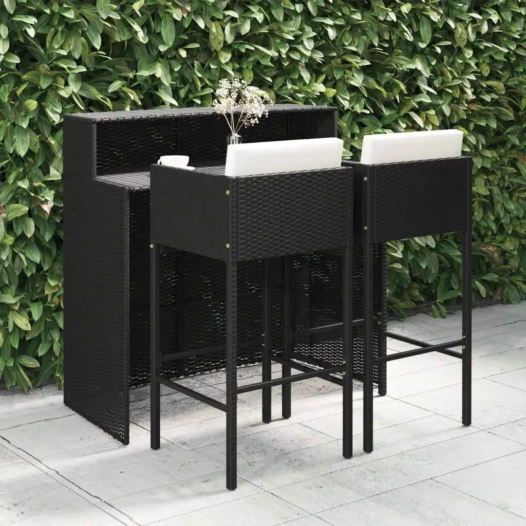 3-Piece Black Poly Rattan Patio Bar Set with Cushions - Stylish Outdoor Furniture