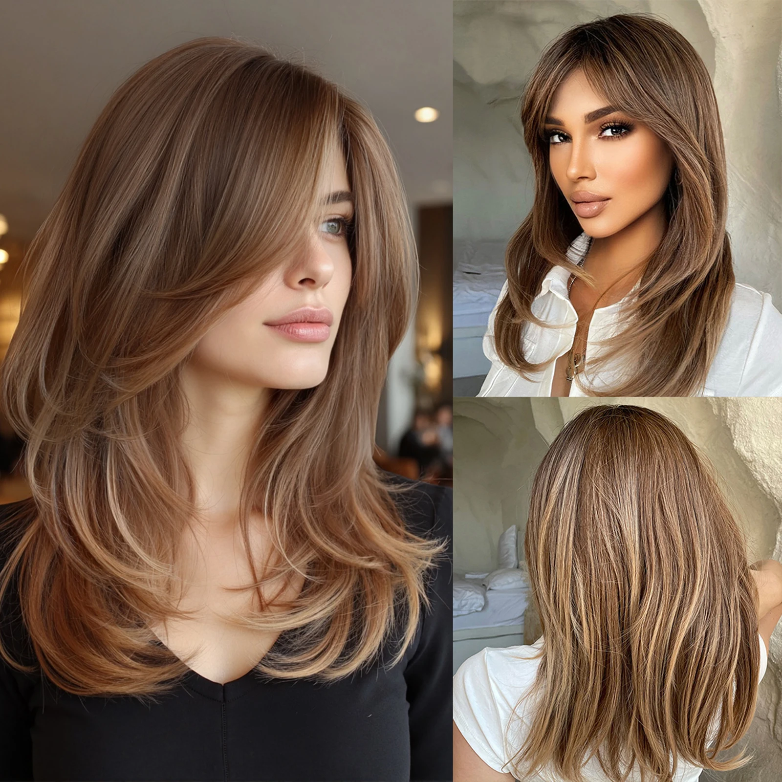 

Henry Margu Brown Fluffy Layered Synthetic Wig with Bangs Medium Length Straight Hair for Women Light Brown Daily Use