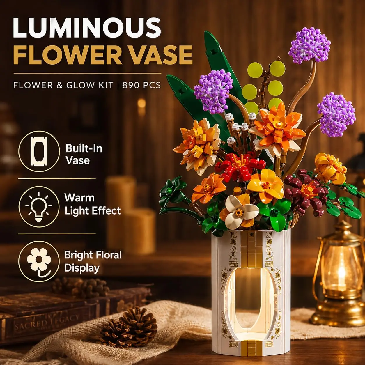 Flower Vase Building Set with Light, 890 PCS Botanical Decor | Vase Included, Warm Light Effect, Bright Floral Display, Desk & Shelf Decor, Good Gift for Holidays