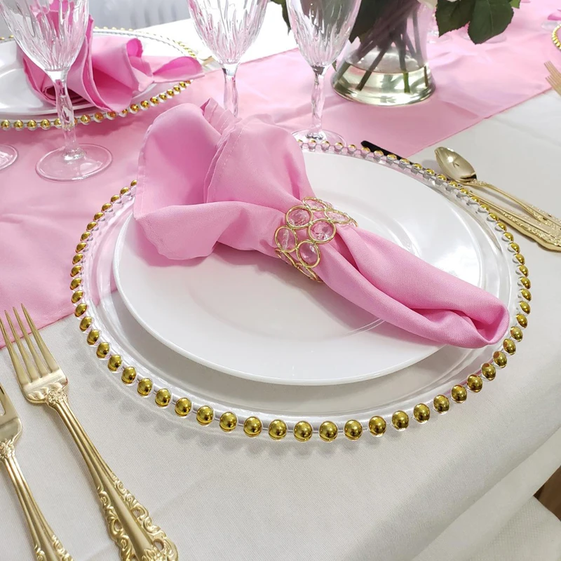 50pcs/pack Clear Plastic Charger Plates with Gold Beads Rim Acrylic Decorative Service Plate