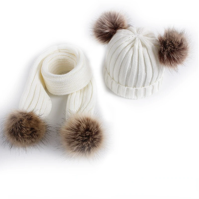 Cute Pompom Kids Scarf Hat Winter Solid Color Knitted Warm Children Toddler Scarves Baby Hats Boys Girls Bonnet Beanie 6-36Month