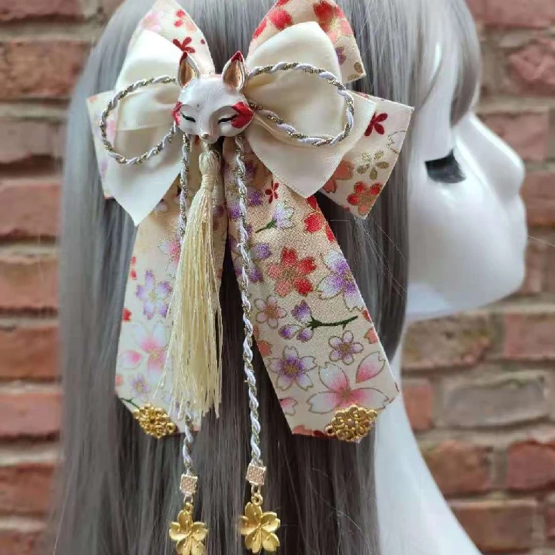 Yae Miko Cos Retro Fox Sakura Tassels Cute Big Bowknot Hairpin Headwear Japanese Kimono Haori Lolita Hair Accessories Side Clip