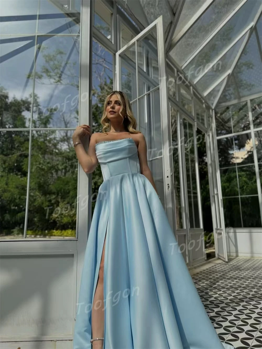 Toofgon Sky Blue Beadings Satin Evening Dresses Draped A Line Customized Corset Back High Slit Party Dress Red Carpet Prom Gown - view 4