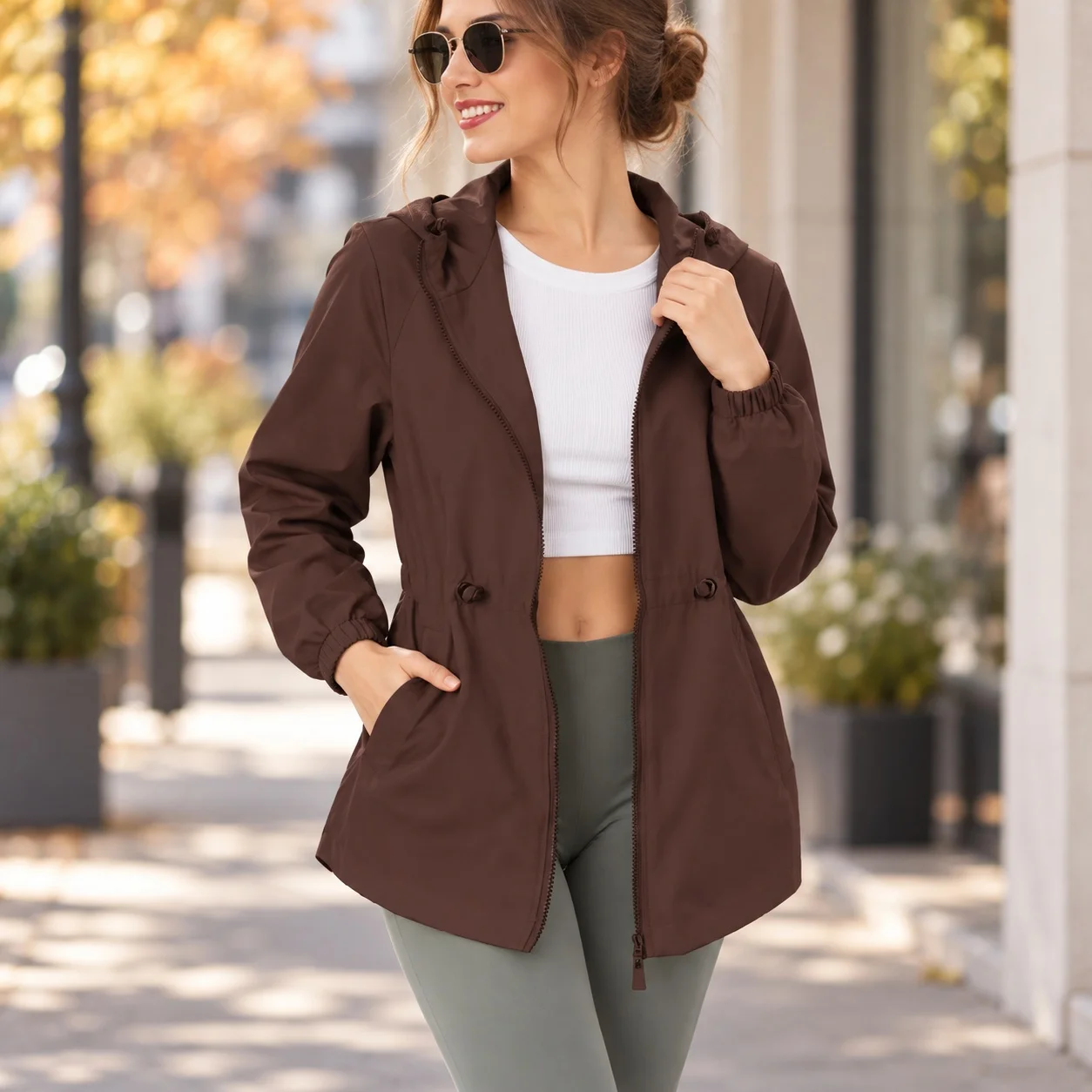 Hooded Patchwork Coat Mid Length Regular Fit Elegant Women Jacket with Zipper Closure Pocket Detail Long Sleeve Medium Weight