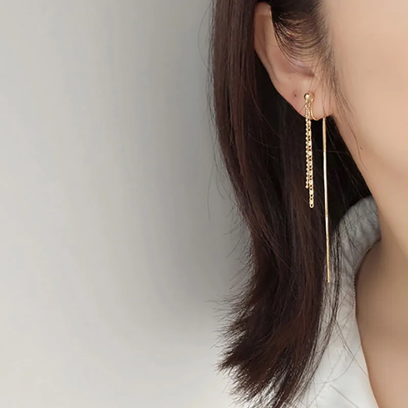 ENSHIR Silver Color Chain Tassel Clip Earrings Female Light Luxury Cascading Chain Drops Dangly Earrings