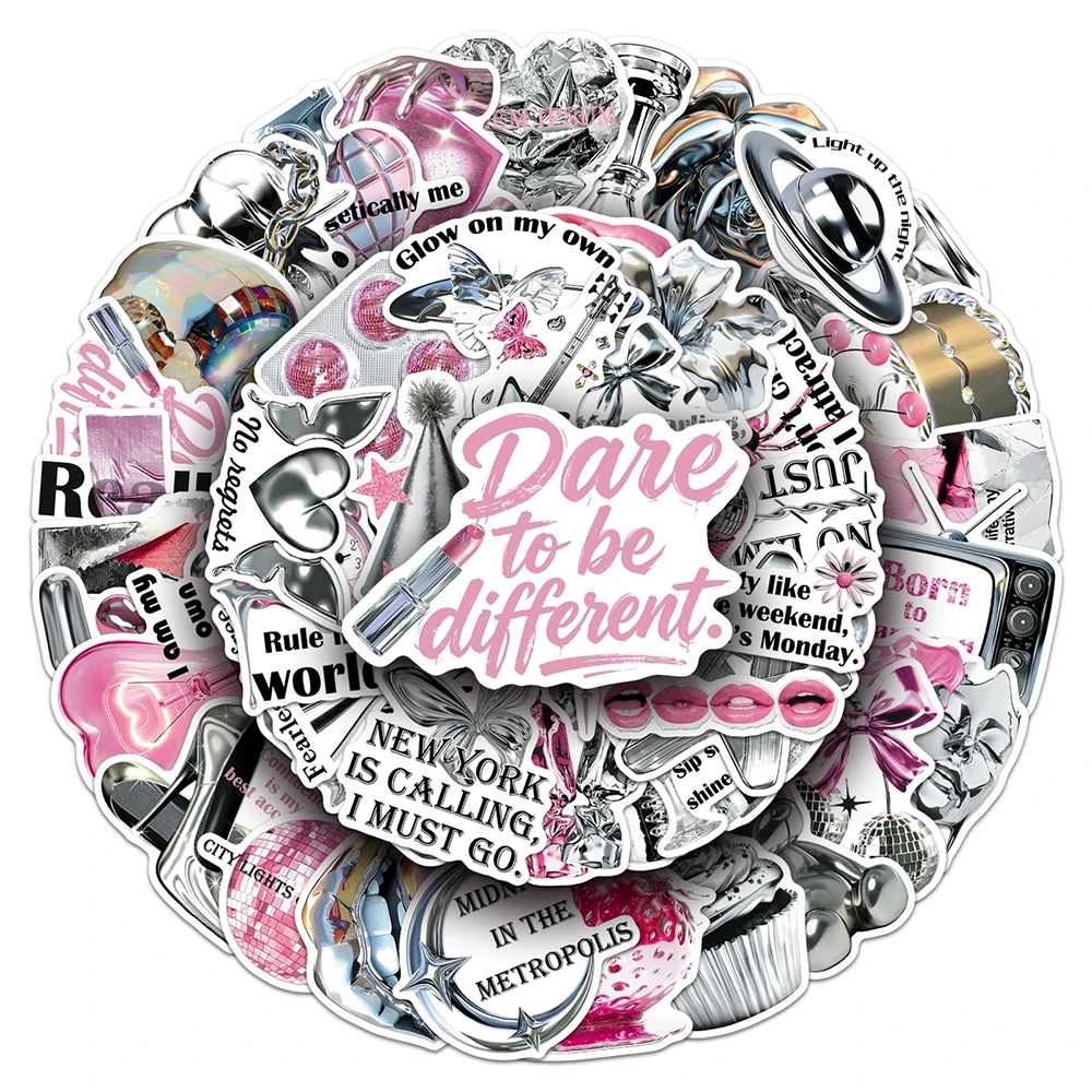 

10/30/50pcs Cool Cartoon Y2K Silver Pink Aesthetic Stickers Waterproof Vsco Graffiti Decal DIY Notebook Helmet Phone INS Sticker