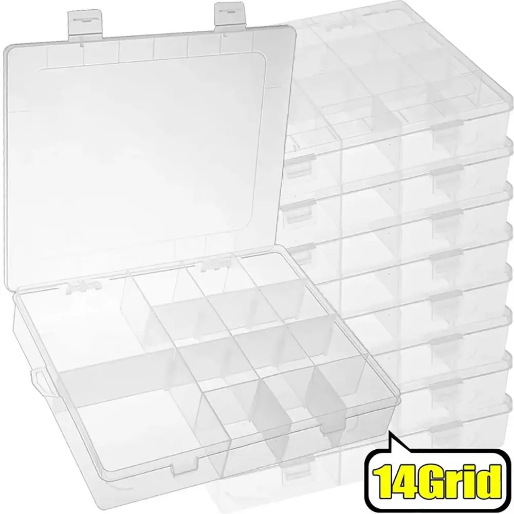 1Pcs Transparent Plastic Storage Box Jewelry Button Hardware Tool Storage Display Case Container Box Adjustable 14 Grids