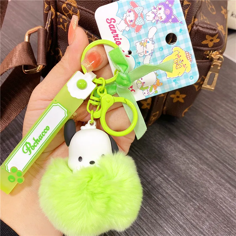 Sanrio Cartoon Kawaii Keychain Plush Charm Kuromi Hellokitty Fluffy Ball with Skull Bow Metal Ring for Keys Purse Anime Gifts