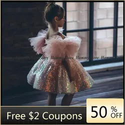 Sparkling Sequin Flower Girl Dress Boat Neck Off The Shoulder Knee Length Puff Girls Party Dresses for Wedding Kids Pageant Gown
