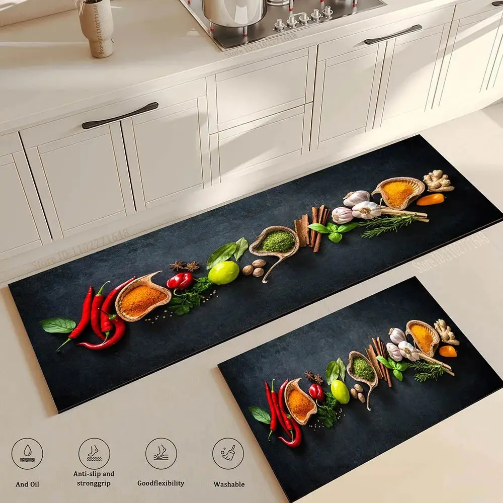 VIKAMA Spices Print Kitchen Rug Anti-slip Waterproof Doormat for Living Room Bedroom Entrance