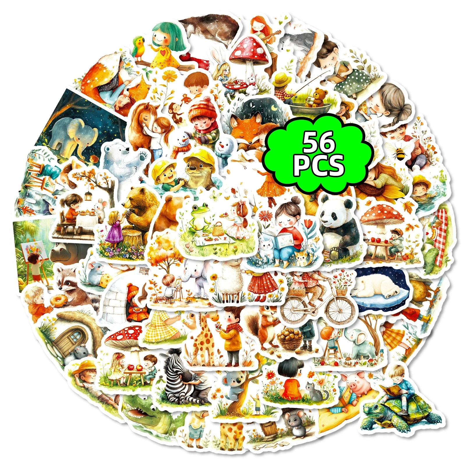 56PCS Cute Cartoon Animal World Hedgehog Mouse Fox Stickers & Fairy Tale Forest Animal Decoration Waterproof Stationary Stickers
