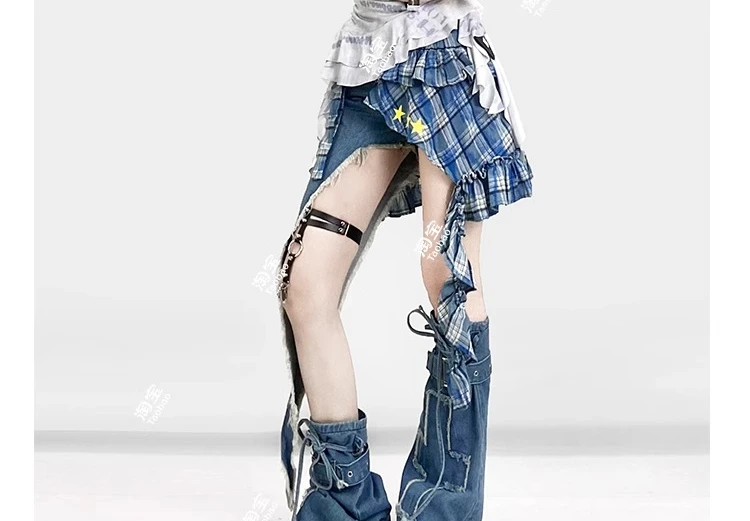 American Street Vintage Blue Personality Ruffles Splicing Plaid Apron Girls Summer Chic Star Prints Irregular Denim Shorts Set