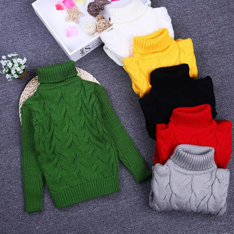 

Детский осенне-зимний свитер для мальчиков и девочек, однотонный толстый теплый вязаный свитер с высоким воротником, От 0 до 8 лет