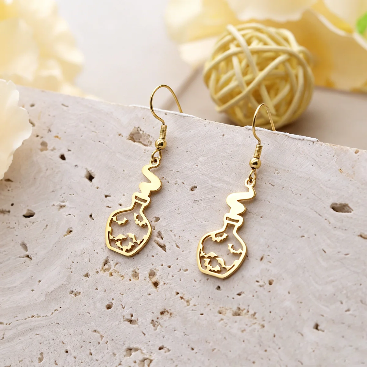 Kinitial Stainless Steel Magic Potion Bottle Drop Hook Earrings Witch Vial With Bats Dangle Earrings Jewelry For Women