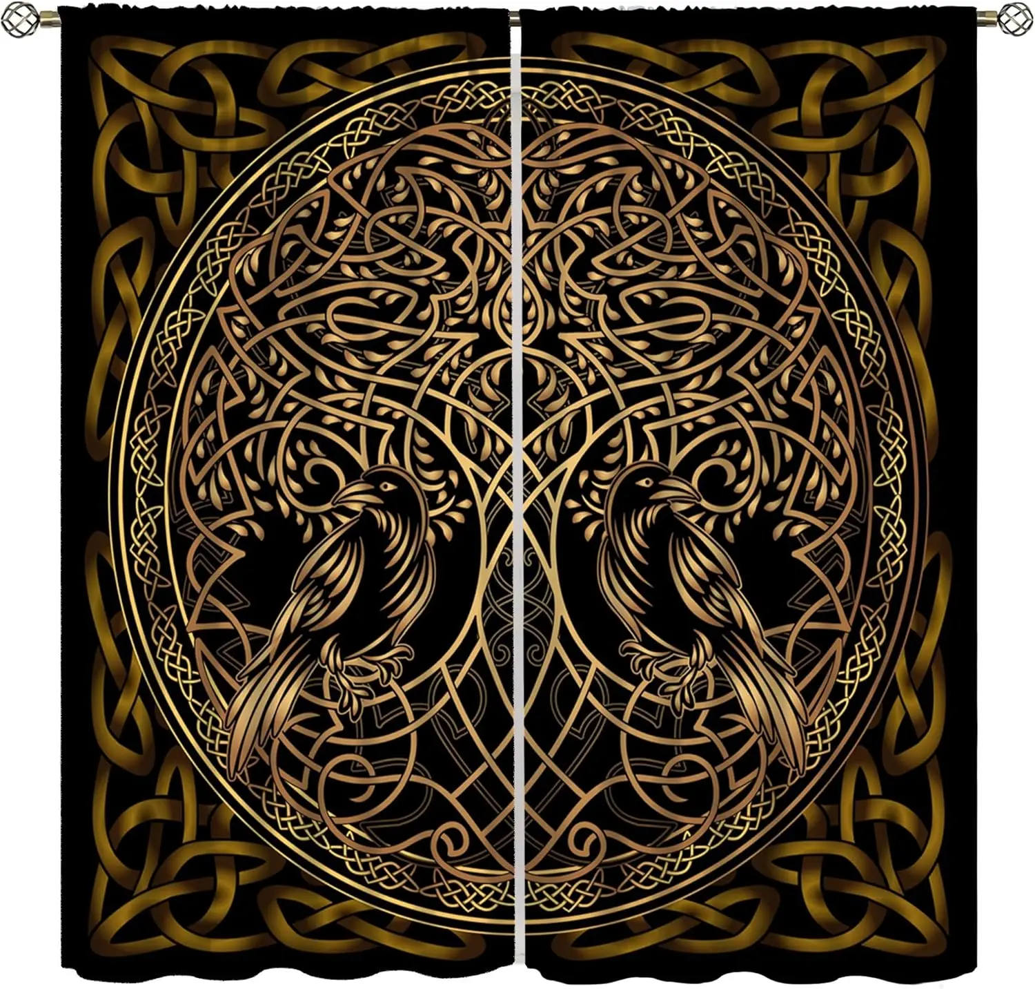 Viking Dragon Curtains, Mysterious Hand-painted Norse Mythology Ancient Rune Power Totem Window Treatments, Thermally Insulated